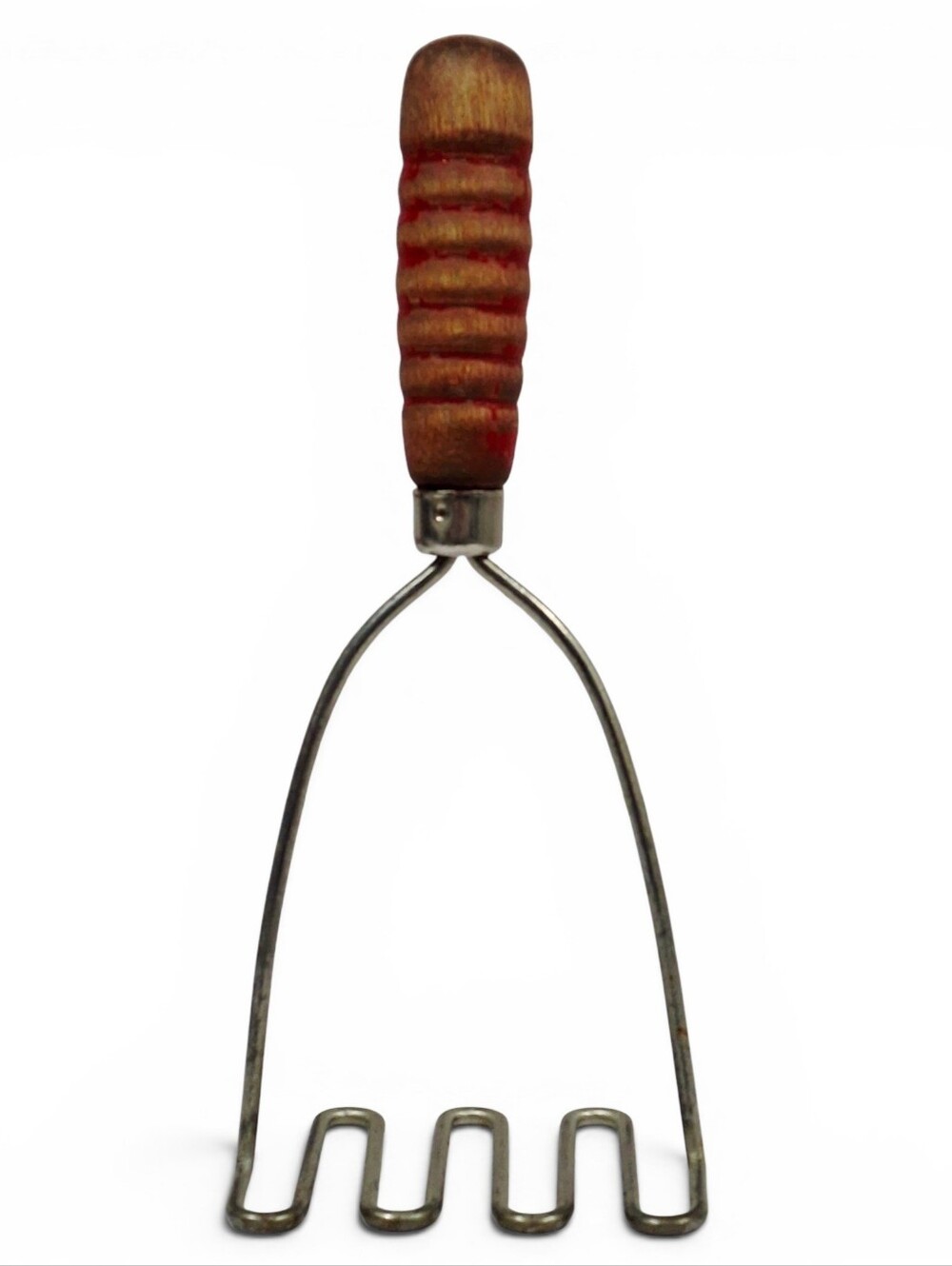 Vintage Red Wavy Potato Masher Grooved Wood Handle Kitchen Collectible USA